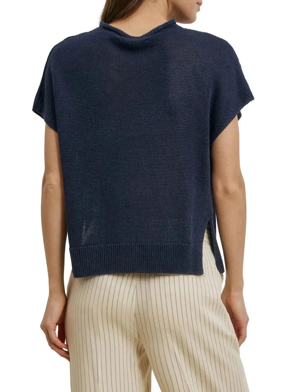 NEW, Favorite Daughter The Stevie Short Sleeve Linen Sweater in Navy Sz L #T4115